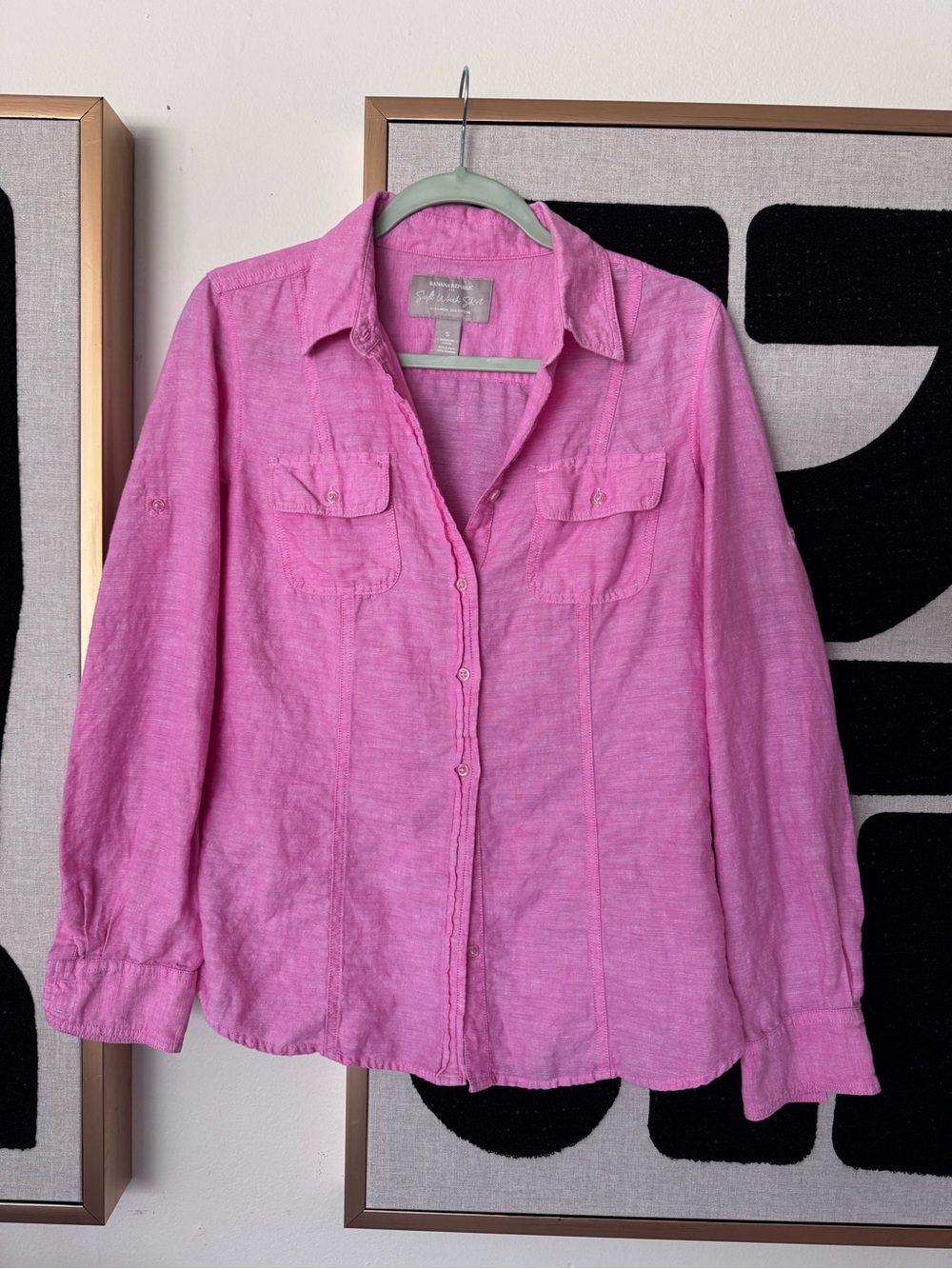 Banana republic HOT PINK SOFT wash shirt cotton linen blend small s button down